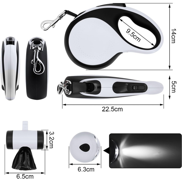 Леєнка для собак MoYouno 8 м з відтягувачем та тримачем для пакетів, чорна