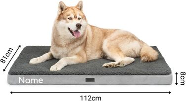 Ортопедичне ліжко для собак Lionto, 112x81x8 см, з м'яким плюшем, знімний та пральний чохол, водовідштовхувальне, для собак та котів, сіре (з нанесенням імені)