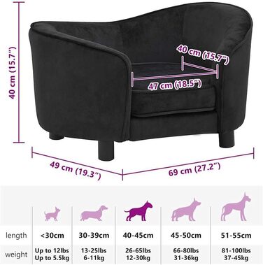 Софа для собак VidaXL чорна 69x49x40 см, м'яке ліжко для собак/кішок