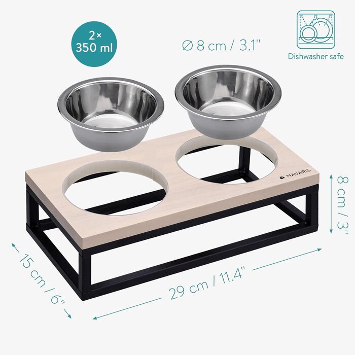 Набір мисок для котів Navaris з кріпленням - станція годування. Миски з нержавіючої сталі та дерев'яний тримач для котів та собак