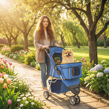 Дитячий візок для собак (buggy), складаний, до 10 кг, з кошиком, подушкою та сітчастими вікнами, для малих порід, 77x44x102 см, синій