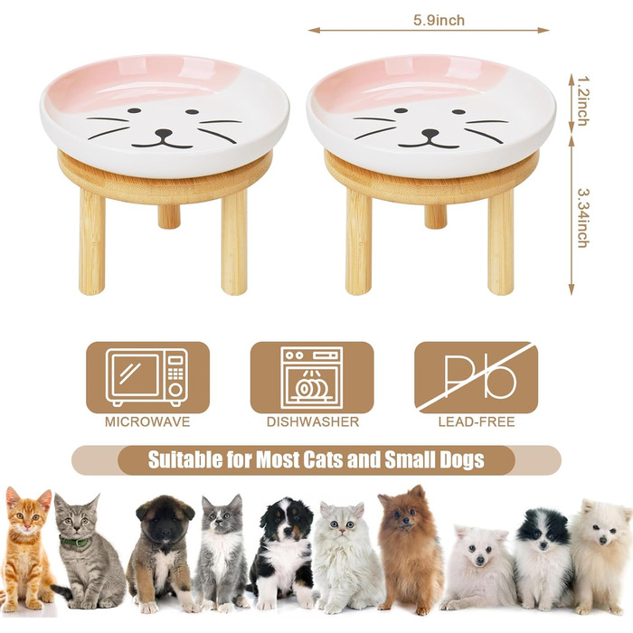 Набір мисок для котів з бамбукового підставки, 15 см, кераміка, 2 шт. (зелений/рожевий)