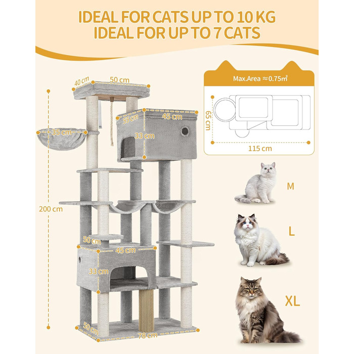 Котячий будиночок Hzuaneri XXL з 10 стовпчиками для дряпання, 2 печерами, 2 гамаками, великою платформою, щітками для котів, кошиком. Підходить для Maine Coon, великих котів, сірий колір MS20018LG