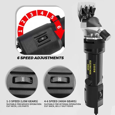 Електрична машинка для стрижки овець PAT JUUMG 1000W, професійна, 6 швидкостей, для овець, альпак, кіз, коней, фермерське господарство, у кейсі (чорна)