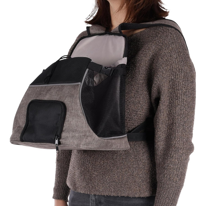 Сумка для собак Xanty Taupe – 29x23x38 см – поліестер – з шнурком, світловідбивачами, знімним дном, страховочною лінійкою, лямками на плече та талію