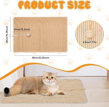 Килимок для дряпання котів, 2 шт., 60 x 40 см, сизаль, з дзвіночком, захист від подряпин