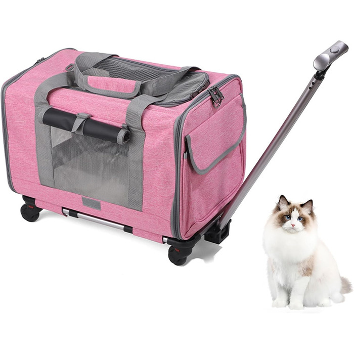 Транспортна сумка на колесах для котів та собак, переноска з телескопічною ручкою та знімними колесами, складана переноска для маленьких та середніх собак та котів (Рожева)