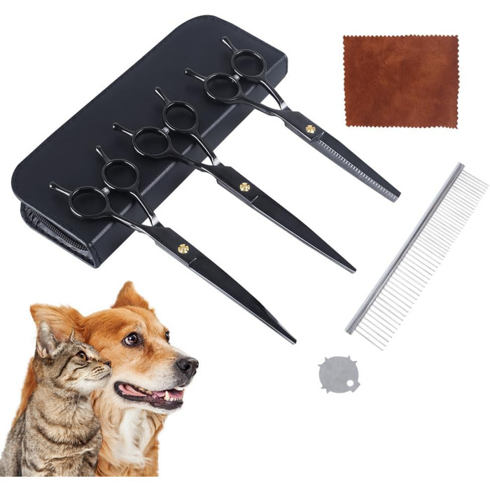 Набір ножиць для собак 7 дюймів, професійний 5-в-1 з нержавіючої сталі, включаючи ножиці для фінальної обробки, вигнуті та прямі ножиці, гребінець для грумінгу, серветка для чищення, кейс для зберігання, регулювальний гвинт, для собак та котів, чорний