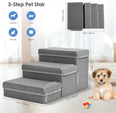 Сходинки для собак маленьких порід, 3 сходинки, складана, для котів та собак, з ящиками для зберігання, підійде для дивану та ліжка
