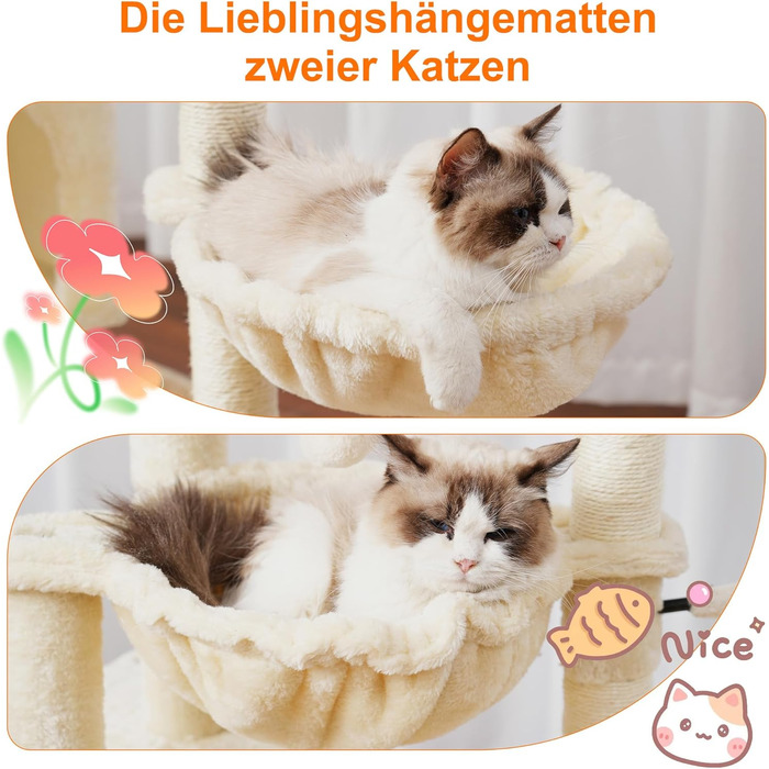 Котячий будиночок Heybly Kratzbaum: 100 см, з платформою, печерею, 2 гамаками та іграшками. Активний котячий будиночок, HCT006SW (Бежевий)