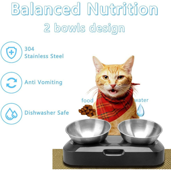 Підвищені годівниці для котів 2 шт. з нержавіючої сталі, нахил 15°, антиковзний стійкий, запобігає нудоті, придатні для миття в посудомийній машині