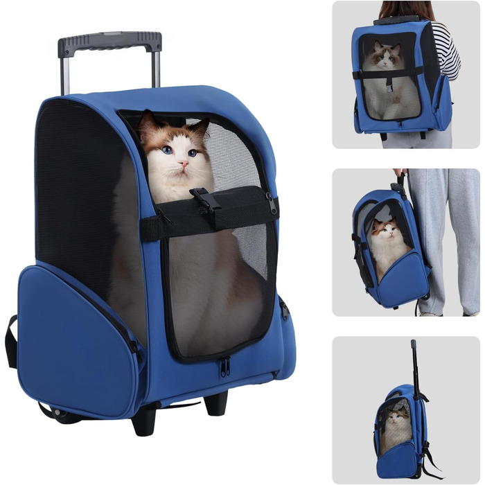 Роликова переноска для домашніх тварин, рюкзак для собак з телескопічною ручкою та кишенями, переноска для собак для маленьких тварин, 42x26x55 см, регульована ручка, оксфордська тканина, Королівський синій