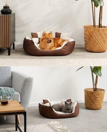 Ліжко для собак Lionto 4-в-1 з двостороннім подушкою, 65x50 см, з міцного оксфорду, водовідштовхувальне, для собак та котів, з глибоким входом, включає декоративну подушку, коричневе/бежеве