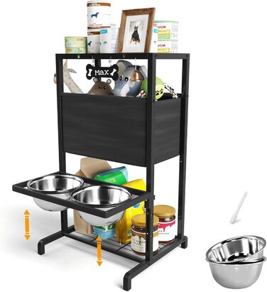 Підвищені годівниці для великих собак, екстра-великих порід, з нековзною підстилкою, об'єм 3000 мл (13 чашок), стабільна годівниця, висота 46 см, підставка для собак XXL, коричневий колір - миски та підстилка, 2,863 мл, 46 см (для великих собак, чорний ко