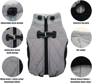 Водонепроникний зимовий одяг для собак Fadcaer: тепла куртка з флісовою підкладкою, світловідбивачі, для холодної погоди, з блискавкою, сірий, розмір Small