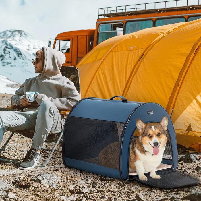 Складаний переносний бокс для собак Petsfit, дихаючий, із вигнутим дизайном, кімнатний вольєр з антизламною блискавкою та плюшевою подушкою, розмір M, синій