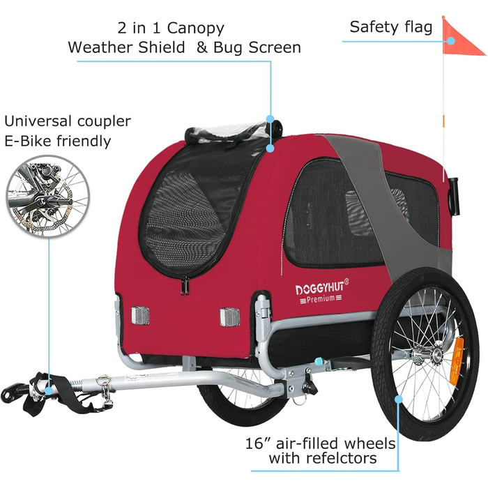 DOGGYHUT® Преміум візок для собак 2-в-1: буксир та візок для собак до 23 кг (червоний)