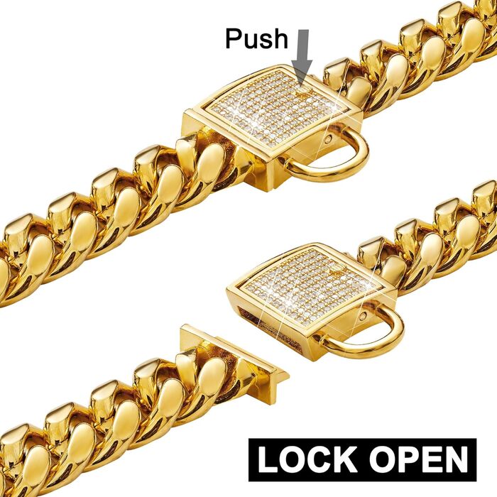 Стильний нашийник для собак Cuban Link, золотистий, з цирконієвою застібкою, ширина 14 мм, довжина 35,6 см