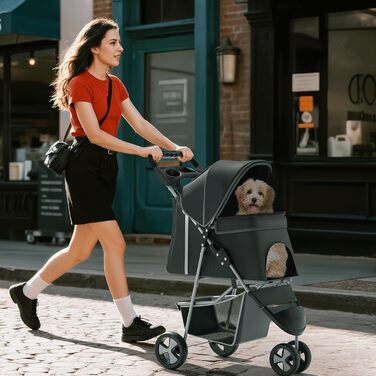 Візок для тварин: для собак та котів, 3 колеса, складаний, з кошиком та тримачем для напоїв, карбоновий чорний