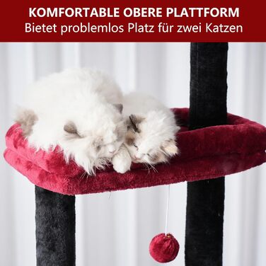 Heybly Котячий драпак до стелі для великих котів, багаторівневий, регульований (235-265 см), 2 кошики, плюшеві м'ячики, чорний+червоний HCT091BR