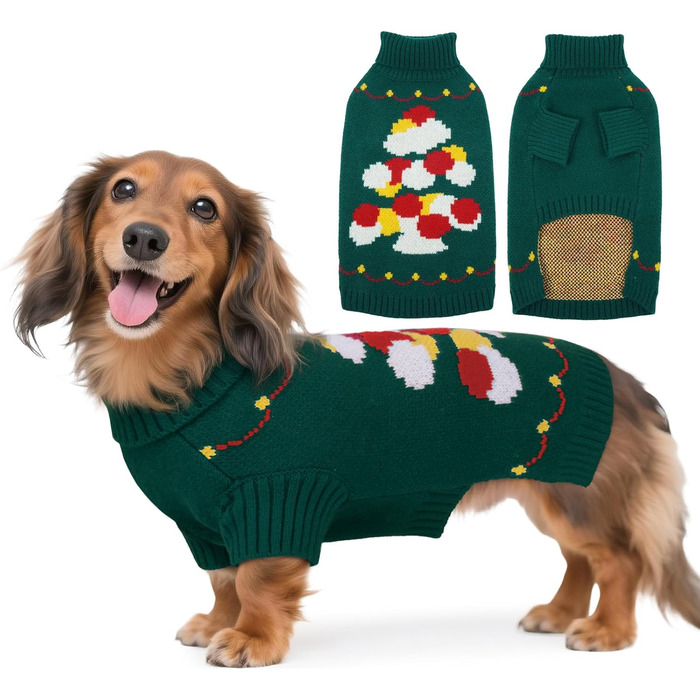 Зелений теплий пуловер для собак на Новий Рік та Різдво - для дрібних порід (Даксель, Ши-тцу, Пудель)