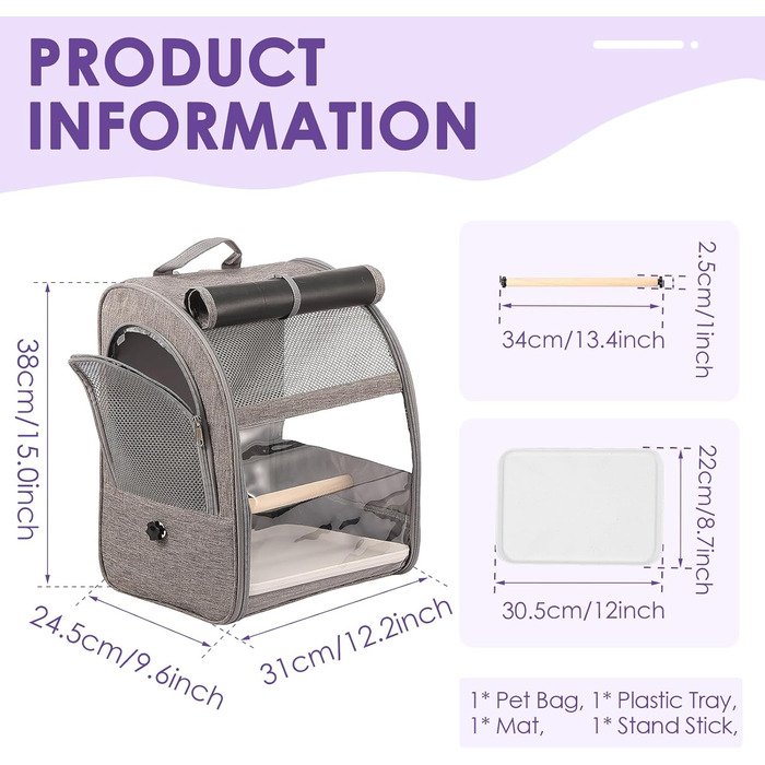 Рюкзак для птахів: переносна сумка-транспортер з жердинами та підставками, сірий. Підходить для папуг та інших середніх та дрібних птахів. Зроблений з дихаючої та міцної тканини Оксфорд.