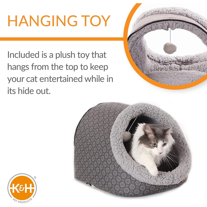Електричне лежанка-печера для котів K&H Pet Products, сіра з геометричним візерунком, 43,2x38,1x33 см