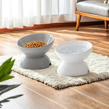 Підвищені годівниці для котів 2 шт. - керамічні миски для корму з захистом від перекидання, білі та сірі
