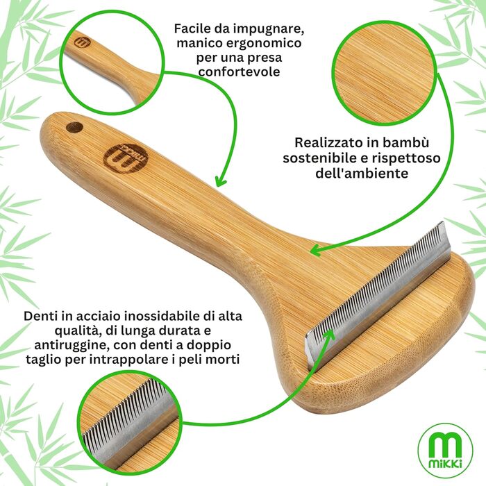 Щітка Mikki для собак та котів з бамбуковою ручкою, видаляє підшерсток та линяючу шерсть, нержавіюча сталь