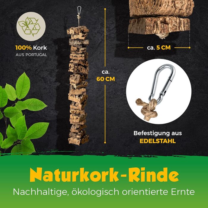 Натуральна іграшка для птахів з коркової шкіри, 60 см | Екологічний матеріал, безпечна для птахів