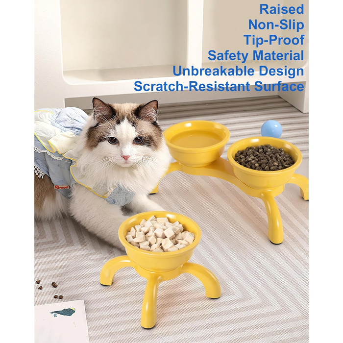 Набір мисок для котів з підняттям 2 шт. - Незламні миски для котів, автоматичне годування з меламіну, миється в посудомийній машині, широка основа з протиковзкими ніжками, миски, зручні для вусів, жовті Double