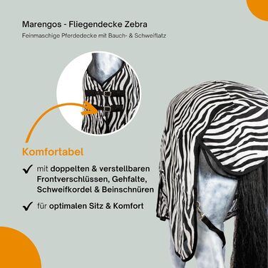 Маренгос - захисна маскувальна попона для коня Zebra, дрібна сітка, з бічною та хвостовою накладкою, від комах, з складкою для руху та подвійною застібкою, для вулиці, 75 см