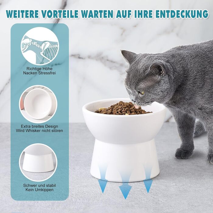 Підвищена годівниця для котів, керамічна - миска для води та їжі, антиблювотний дизайн, 550 мл, білий колір