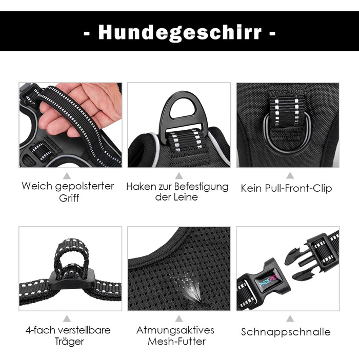 Шлейка для собак PHOEPET No Pull, чорна, L - регульована, з контролем, для прогулянок