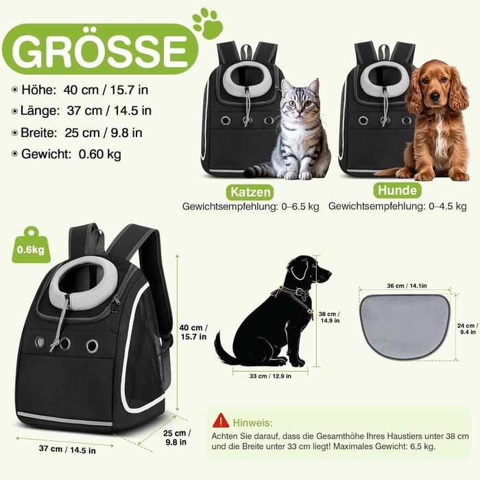 Рюкзак-переноска для тварин ALLSOPETS, дихаючий, для подорожей, для великих котів і малих собак, карбоново-чорний