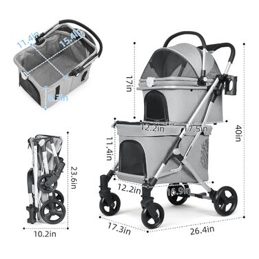 Beberoad Розкладний візок для собак та котів, 2 яруси, чорний/сірий