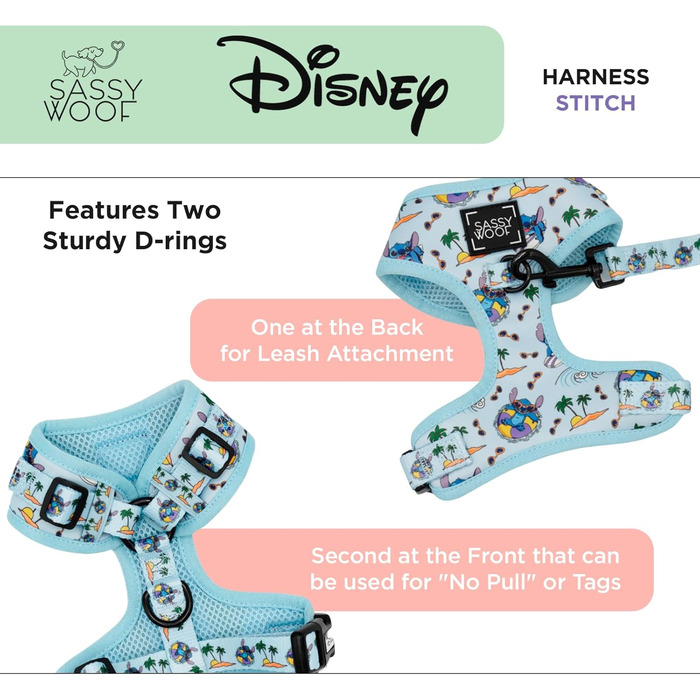 Регульована шлейка для собак Sassy Woof Disney Stitch S, дихаюча сітка, не тягне, подвійний D-кільце, патентований дизайн, для маленьких собак та цуценят, офіційна