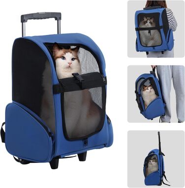 Роликова переноска для домашніх тварин, рюкзак для собак з телескопічною ручкою та кишенями, переноска для собак для маленьких тварин, 42x26x55 см, регульована ручка, оксфордська тканина, Королівський синій