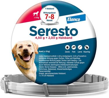 Нашийник Seresto® від Elanco для великих собак (від 8 кг): захист від бліх та кліщів на 7-8 місяців, довжина 70 см, вага 4,50 г + 2,03 г, 1 шт.