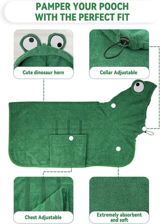 Рушник для собак JOLOV E Dog, супер вбираючий, для сушіння після купання, м'який, з регульованою застібкою, для лазні, плавання, прогулянок у дощ, розмір L, колір зелений, зображення жаби