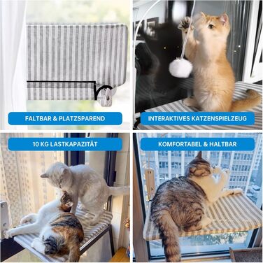 Кішка ліжко на вікно BnbnPup: гамак для котів з міцними присосками до 18 кг, знімний та перевертаний чохол, складна та стабільна конструкція (смужки, L)