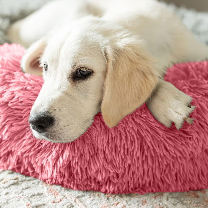 Кругле собаче ліжко для собак та котів 60 см - М'яке, пухнасте ліжко з високими бортиками - Нековзний низ - Силіконова наповнювач для комфорту та тепла - Легке у догляді - Рожеве