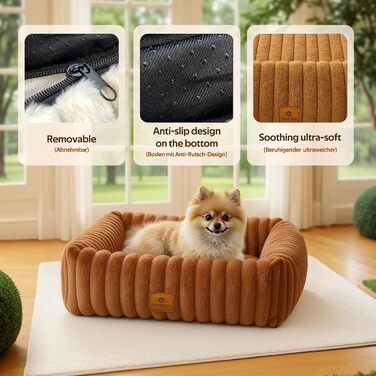 М'яке собаче ліжко для середніх порід, зручне та миється, прямокутне, з неслизьким покриттям, коричневе, розмір M (63x53x18 см)