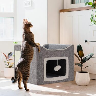 Будиночок для котів Relaxdays, 32x40x40 см, з іграшкою, кігтеточкою, 2 подушками, складаний, сірий