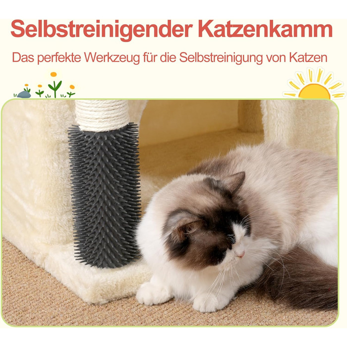 Котячий будиночок Hey-brother Kratzbaum для великих котів та Мейн-кунів, багатоярусний, з 2 платформами, 2 будиночками, великою печерею та щіткою, EMPJ070W (Бежевий)