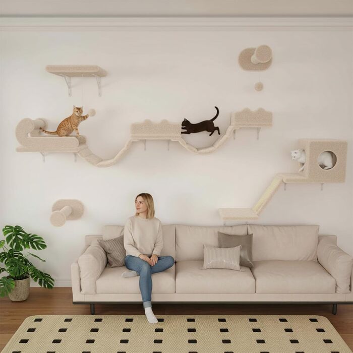 Комплекс для котів BYBYME з гамаком, ліжком та високими полицями для кількох котів, плюшевий лежак, когтеточка та стовпчики з сизалю, 6 шт., міцні меблі для лазіння (бежевий, 5 шт. з довгою перемичкою)