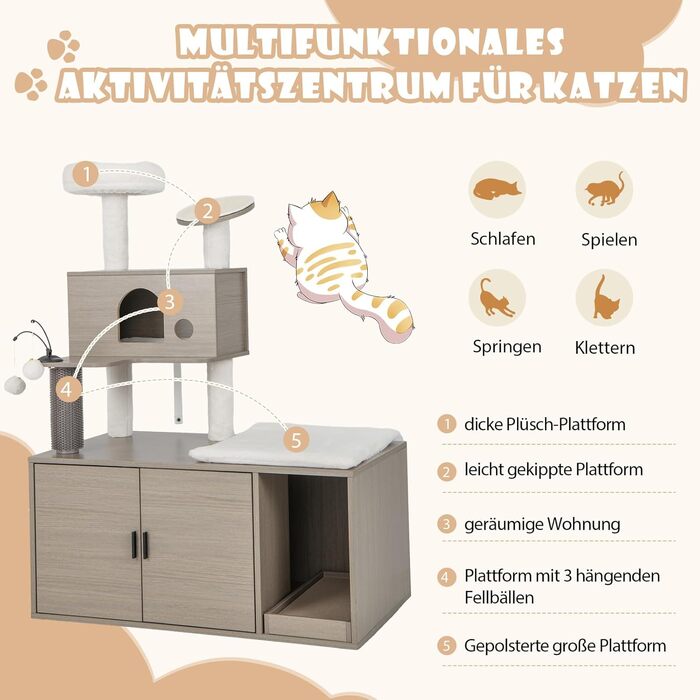 Дім-кігтеточка для котів COSTWAY з будиночком, ігровим м'ячиком та подушкою, сірий, 95x55,5x132 см