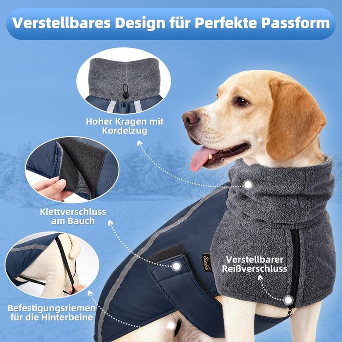 Зимова куртка для собак SlowTon з флісу, водонепроникна та вітронепроникна, з нашийником-гетром та світловідбиваючими смугами, регульована, для цуценят (Темно-синій, L+)
