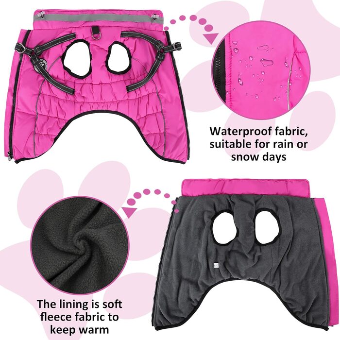 Зимовий одяг для собак, теплий водонепроникний одяг для собак з шлейкою, світловідбиваючі смуги, LED-ошийник, зимові куртки та одяг для маленьких та середніх собак, рожевий, розмір S