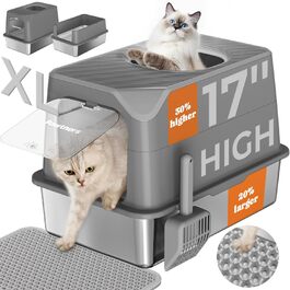 Pawtners велика котяча туалетна з нержавіючої сталі з кришкою, XL, легка для чищення, антипригарна, захист від протікання сечі, темно-сіра